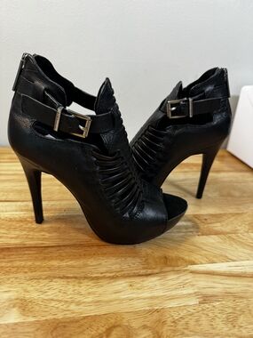 BCBG Black Strappy Peep-Toe Stiletto Booties